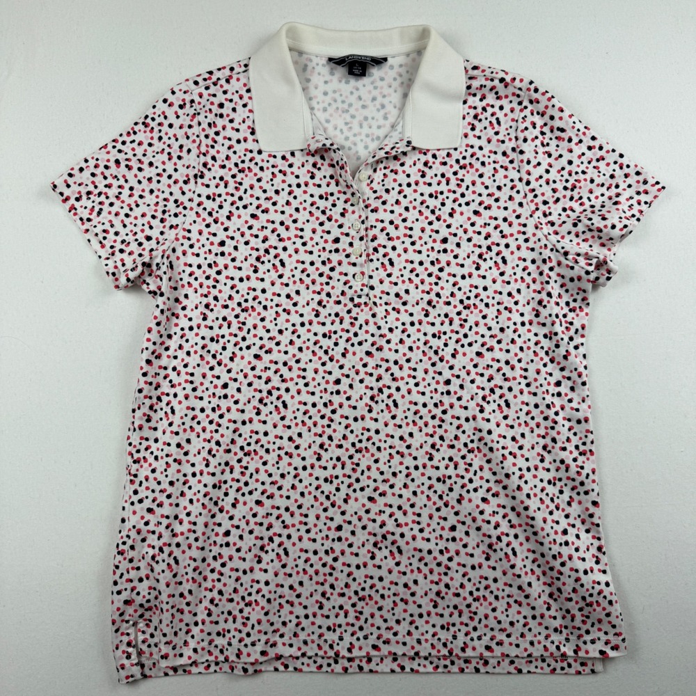 Lands End Womens L 14-16 Short Sleeve Cotton Polka Dot Polo Shirt White Multi